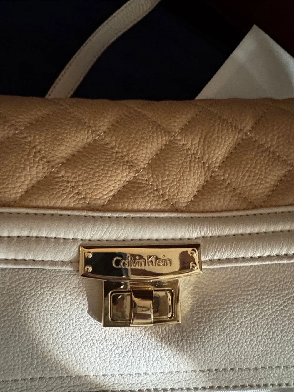 Calvin Klein Cream and Tan Quilted Flap Crossbody